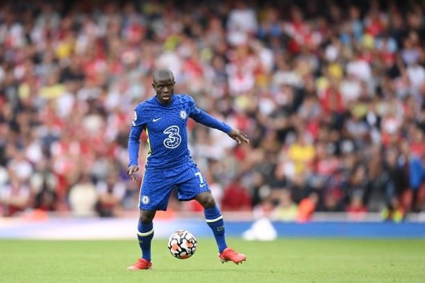 Ngolo Kante of Chelsea in action during the Premier League match between Arsenal and Chelsea at Emirates Stadium on August 22, 2021 in London,...