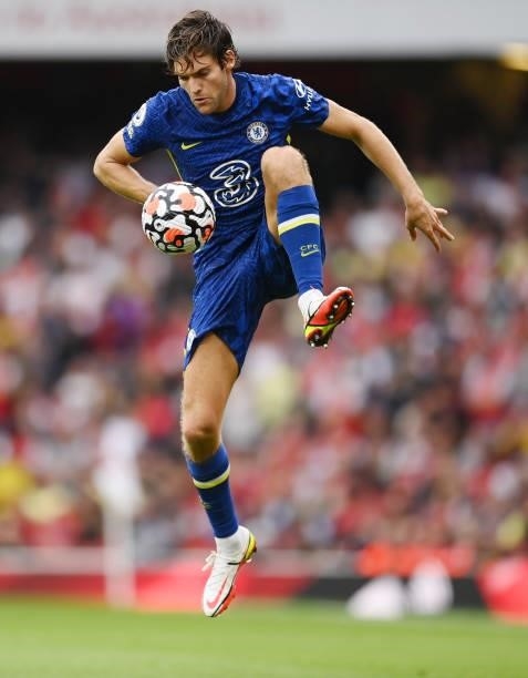 Marcos Alonso of Chelsea in action during the Premier League match between Arsenal and Chelsea at Emirates Stadium on August 22, 2021 in London,...