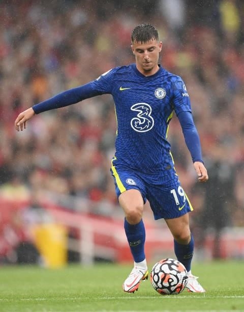Mason Mount of Chelsea in action during the Premier League match between Arsenal and Chelsea at Emirates Stadium on August 22, 2021 in London,...
