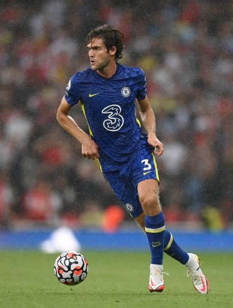 Marcos Alonso of Chelsea in action during the Premier League match between Arsenal and Chelsea at Emirates Stadium on August 22, 2021 in London,...
