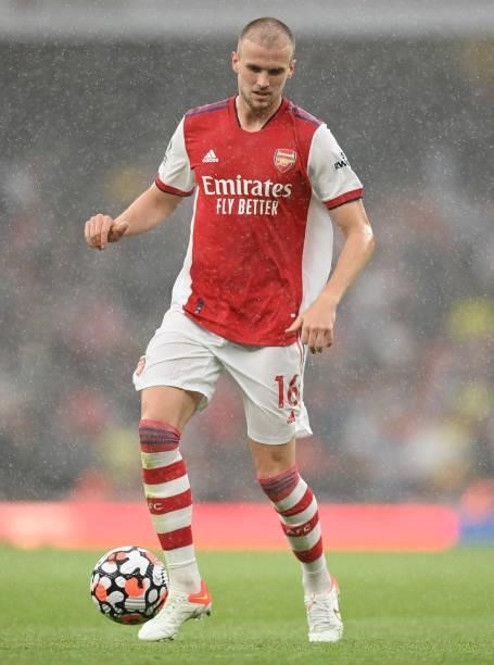 Rob Holding of Arsenal in action during the Premier League match between Arsenal and Chelsea at Emirates Stadium on August 22, 2021 in London,...