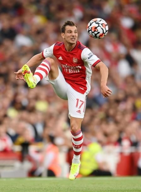 Cedric Soares of Arsenal in action during the Premier League match between Arsenal and Chelsea at Emirates Stadium on August 22, 2021 in London,...