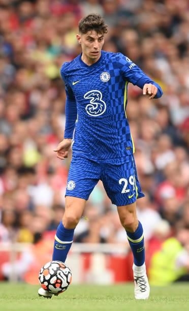 Kai Havertz in action during the Premier League match between Arsenal and Chelsea at Emirates Stadium on August 22, 2021 in London, England.