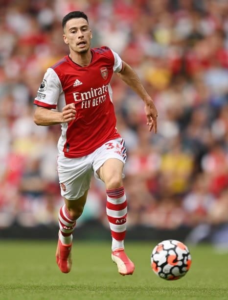 Gabriel Martinelli of Arsenal in action during the Premier League match between Arsenal and Chelsea at Emirates Stadium on August 22, 2021 in London,...