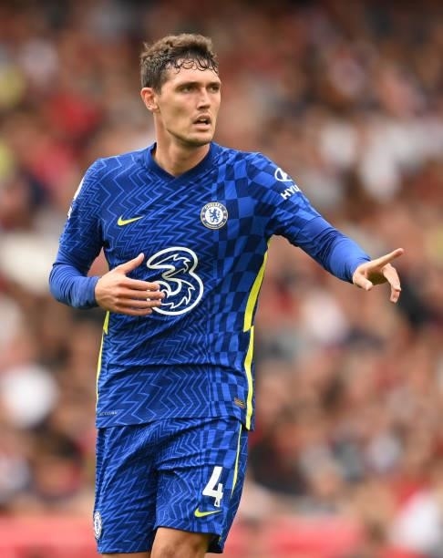 Andreas Christensen of Chelsea in action during the Premier League match between Arsenal and Chelsea at Emirates Stadium on August 22, 2021 in...