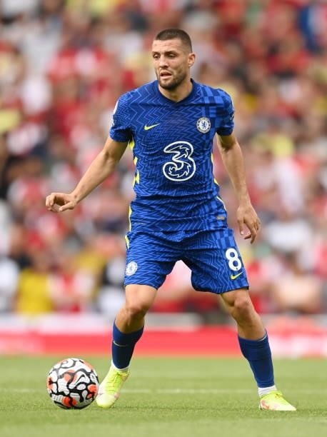 Mateo Kovacic of Chelsea in action during the Premier League match between Arsenal and Chelsea at Emirates Stadium on August 22, 2021 in London,...