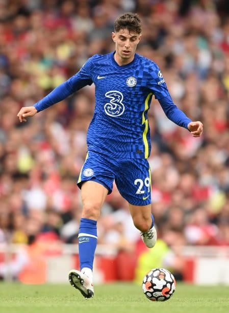 Kai Havertz in action during the Premier League match between Arsenal and Chelsea at Emirates Stadium on August 22, 2021 in London, England.