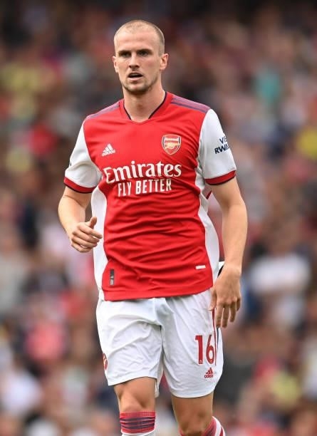 Rob Holding of Arsenal looks on during the Premier League match between Arsenal and Chelsea at Emirates Stadium on August 22, 2021 in London, England.