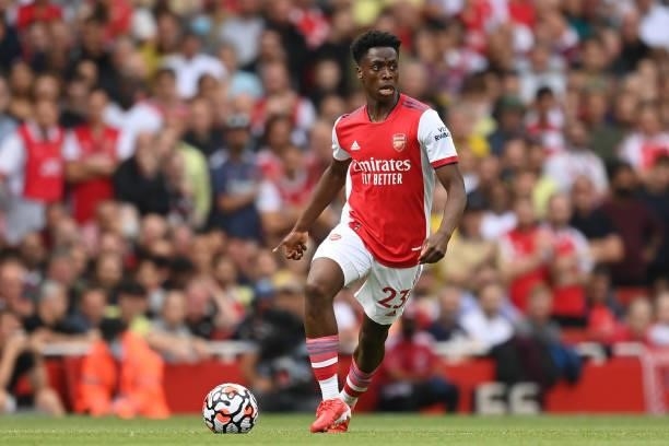 Albert Sambi Lokonga of Arsenal in action during the Premier League match between Arsenal and Chelsea at Emirates Stadium on August 22, 2021 in...