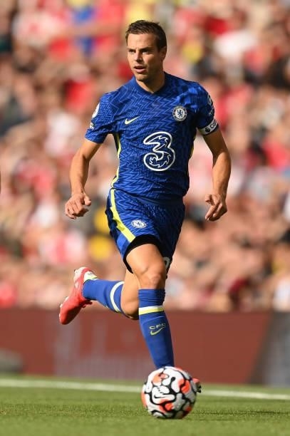 Cesar Azpilicueta of Chelsea in action during the Premier League match between Arsenal and Chelsea at Emirates Stadium on August 22, 2021 in London,...