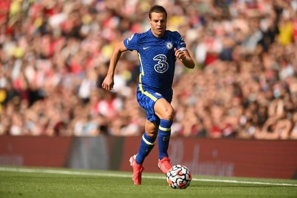 Cesar Azpilicueta of Chelsea in action during the Premier League match between Arsenal and Chelsea at Emirates Stadium on August 22, 2021 in London,...