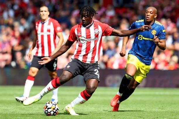 Mohammed Salisu of Southampton during the Premier League match between Southampton and Manchester United at St Mary's Stadium on August 22, 2021 in...