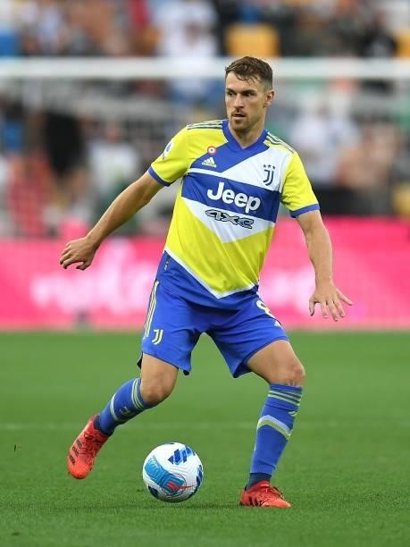 Aaron Ramsey of Juventu of Juventus in action during the Serie A match between Udinese Calcio v Juventus at Dacia Arena on August 22, 2021 in Udine,...