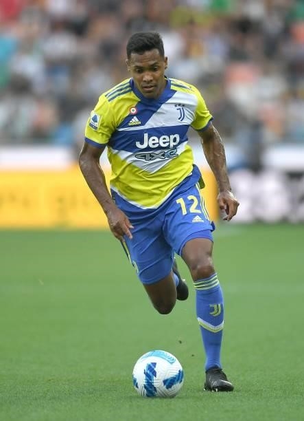 Alex Sandro of Juventus in action during the Serie A match between Udinese Calcio v Juventus at Dacia Arena on August 22, 2021 in Udine, Italy.