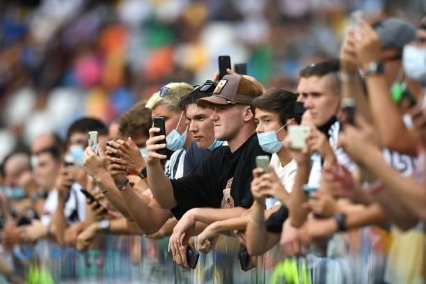 Juventu fans during the Serie A match between Udinese Calcio v Juventus at Dacia Arena on August 22, 2021 in Udine, Italy.