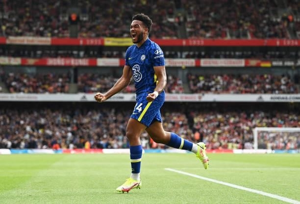 Reece James of Chelsea celebrates after scoring the second goal during the Premier League match between Arsenal and Chelsea at Emirates Stadium on...