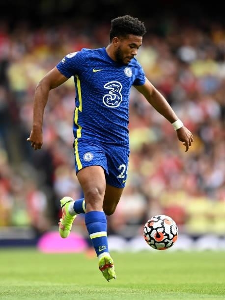 Reece James of Chelsea controls the ball during the Premier League match between Arsenal and Chelsea at Emirates Stadium on August 22, 2021 in...