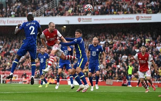 Rob Holding of Arsenal heads wide during the Premier League match between Arsenal and Chelsea at Emirates Stadium on August 22, 2021 in London,...