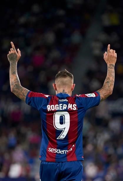Roger Marti of Levante UD celebrates after scoring his team's first goal during the La Liga Santander match between Levante UD and Real Madrid CF at...