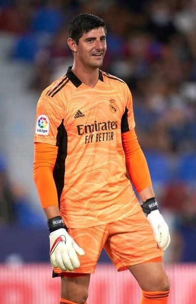 Thibaut Courtois of Real Madrid reacts during the La Liga Santander match between Levante UD and Real Madrid CF at Ciutat de Valencia Stadium on...
