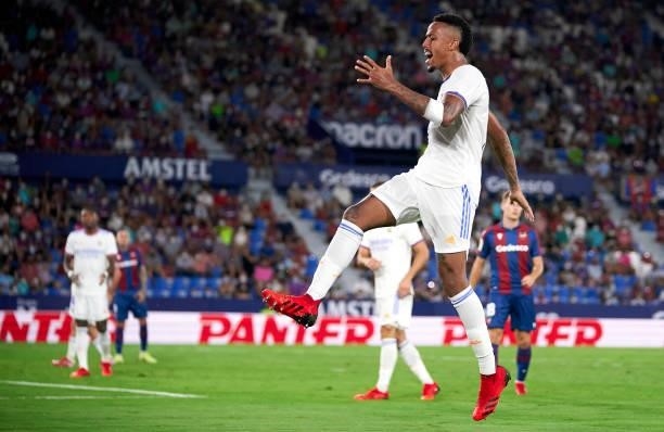 Eder Militao of Real Madrid reacts during the La Liga Santander match between Levante UD and Real Madrid CF at Ciutat de Valencia Stadium on August...