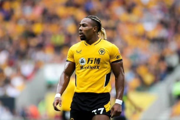 Adama Traore of Wolverhampton Wanderers looks on during the Premier League match between Wolverhampton Wanderers and Tottenham Hotspur at Molineux on...