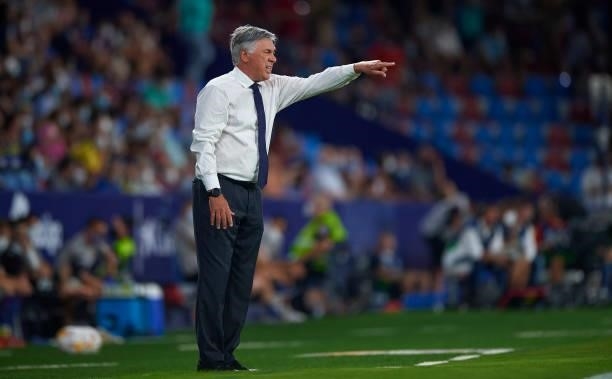 Carlo Ancelotti, Manager of Real Madrid CF reacts during the La Liga Santander match between Levante UD and Real Madrid CF at Ciutat de Valencia...
