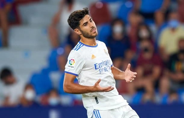 Marco Asensio of Real Madrid CF reacts during the La Liga Santander match between Levante UD and Real Madrid CF at Ciutat de Valencia Stadium on...