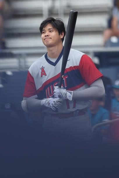 Shohei Ohtani of the Los Angeles Angels prepares to bat during the first inning against the Cleveland Indians in the 2021 Little League Classic at...