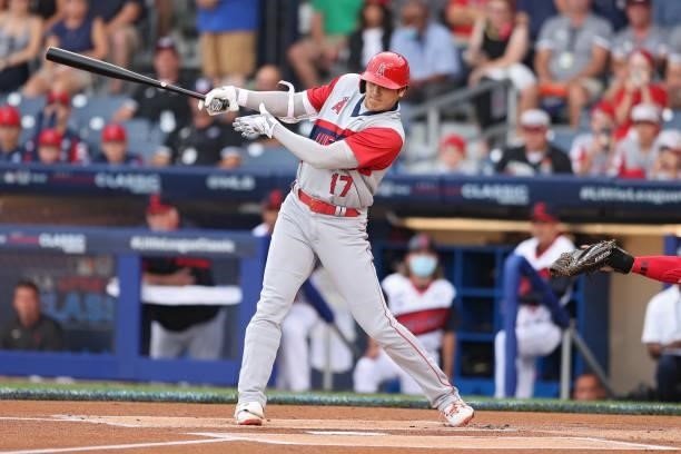 Shohei Ohtani of the Los Angeles Angels bats during the first inning against the Cleveland Indians in the 2021 Little League Classic at Bowman Field...