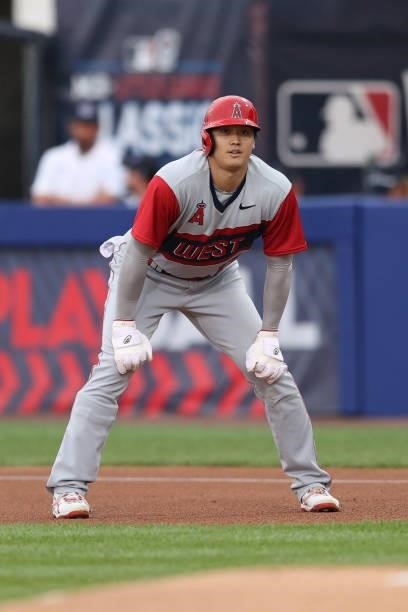 Shohei Ohtani of the Los Angeles Angels leads off of first base during the first inning against the Cleveland Indians in the 2021 Little League...