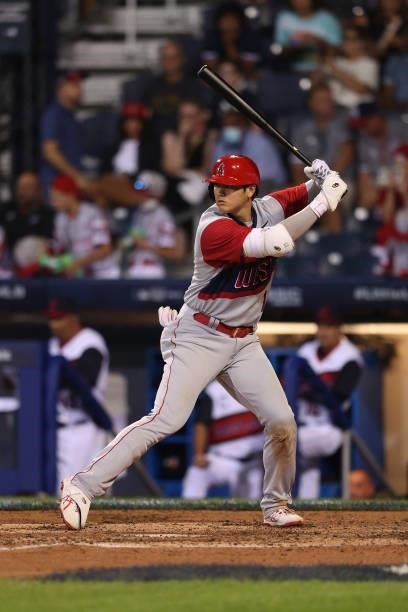 Shohei Ohtani of the Los Angeles Angels bats against the Cleveland Indians in the 2021 Little League Classic at Bowman Field on August 22, 2021 in...