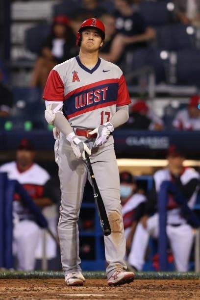 Shohei Ohtani of the Los Angeles Angels reacts after batting against the Cleveland Indians in the 2021 Little League Classic at Bowman Field on...