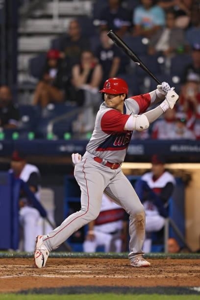 Shohei Ohtani of the Los Angeles Angels bats against the Cleveland Indians in the 2021 Little League Classic at Bowman Field on August 22, 2021 in...