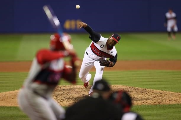 Pitcher Emmanuel Clase of the Cleveland Indians works the ninth inning against the Los Angeles Angels in the 2021 Little League Classic at Bowman...