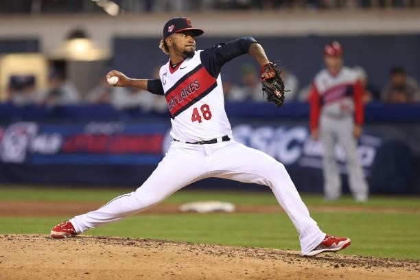 Pitcher Emmanuel Clase of the Cleveland Indians works the ninth inning against the Los Angeles Angels in the 2021 Little League Classic at Bowman...