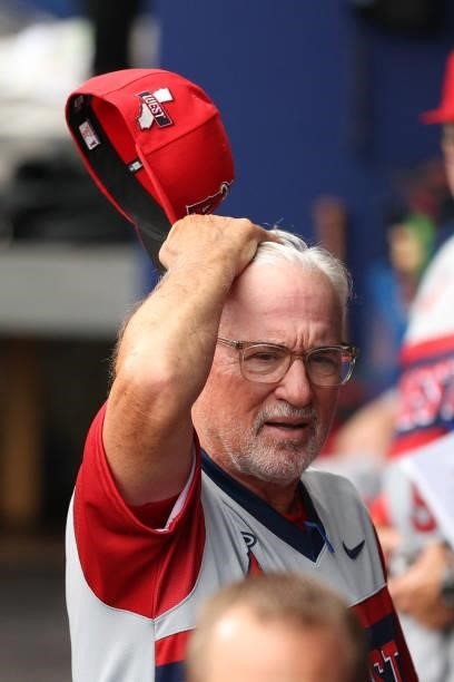 Manager Joe Maddon of the Los Angeles Angels look on before playing against the Cleveland Indians in the 2021 Little League Classic at Bowman Field...