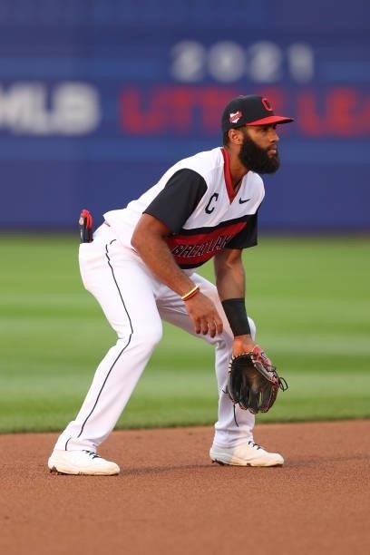 Amed Rosario of the Cleveland Indians fields against the Los Angeles Angels in the 2021 Little League Classic at Bowman Field on August 22, 2021 in...