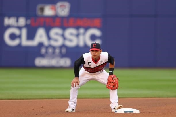 Andres Gimenez of the Cleveland Indians fields against the Los Angeles Angels in the 2021 Little League Classic at Bowman Field on August 22, 2021 in...