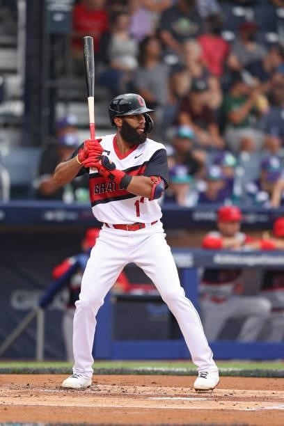 Amed Rosario of the Cleveland Indians bats against the Los Angeles Angels in the 2021 Little League Classic at Bowman Field on August 22, 2021 in...