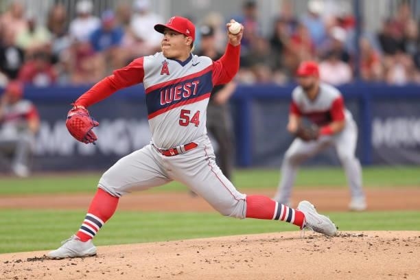 Starting pitcher Jose Suarez of the Los Angeles Angels works the first inning against the Cleveland Indians in the 2021 Little League Classic at...