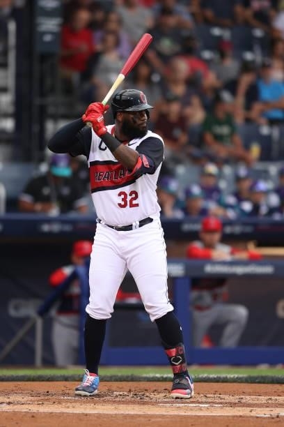 Franmil Reyes of the Cleveland Indians bats against the Los Angeles Angels in the 2021 Little League Classic at Bowman Field on August 22, 2021 in...