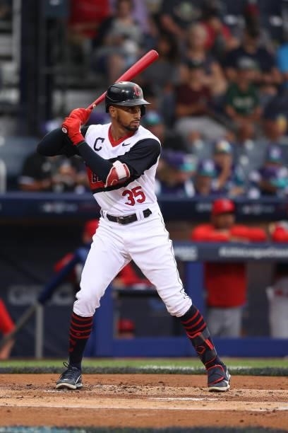 Oscar Mercado of the Cleveland Indians bats against the Los Angeles Angels in the 2021 Little League Classic at Bowman Field on August 22, 2021 in...