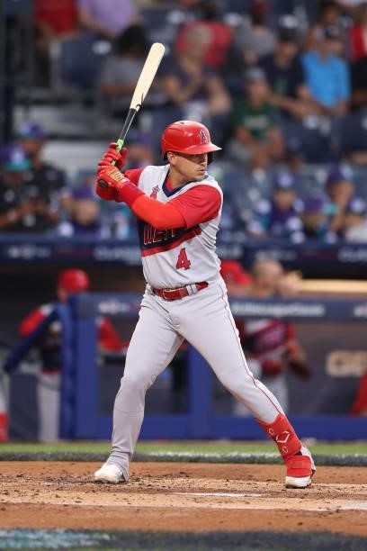 Jose Iglesias of the Los Angeles Angels bats against the Cleveland Indians in the 2021 Little League Classic at Bowman Field on August 22, 2021 in...