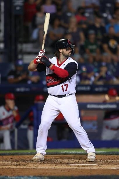 Austin Hedges of the Cleveland Indians bats against the Los Angeles Angels in the 2021 Little League Classic at Bowman Field on August 22, 2021 in...