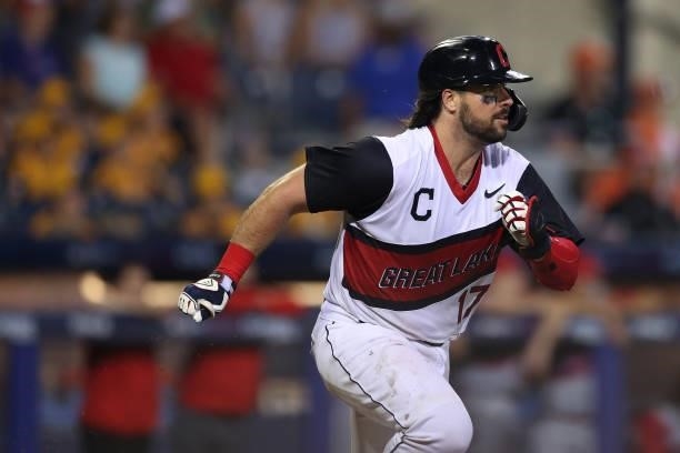 Austin Hedges of the Cleveland Indians runs the bases against the Los Angeles Angels in the 2021 Little League Classic at Bowman Field on August 22,...