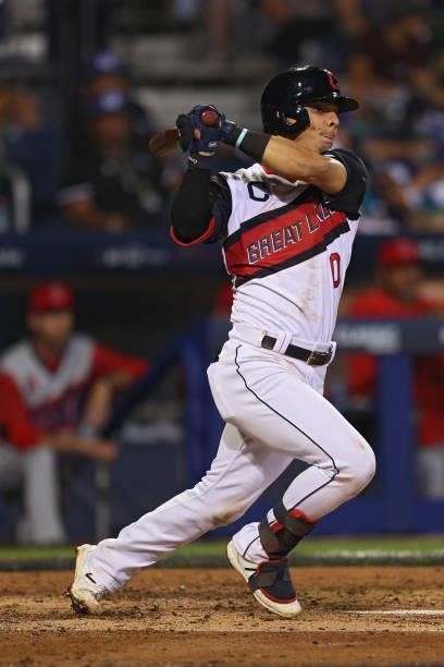 Andres Gimenez of the Cleveland Indians bats against the Los Angeles Angels in the 2021 Little League Classic at Bowman Field on August 22, 2021 in...