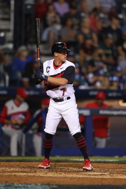 Myles Straw of the Cleveland Indians bats against the Los Angeles Angels in the 2021 Little League Classic at Bowman Field on August 22, 2021 in...