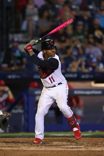 Jose Ramirez of the Cleveland Indians bats against the Los Angeles Angels in the 2021 Little League Classic at Bowman Field on August 22, 2021 in...