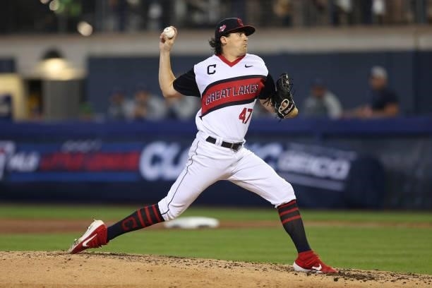 Cal Quantrill of the Cleveland Indians pitches against the Los Angeles Angels in the 2021 Little League Classic at Bowman Field on August 22, 2021 in...